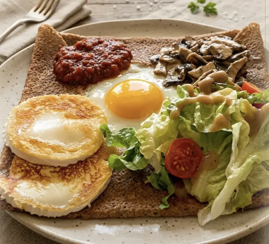 Crêpe de blé noir complète au Lak Atao, Penmarc'h : œuf, fromage de chèvre, champignons et salade