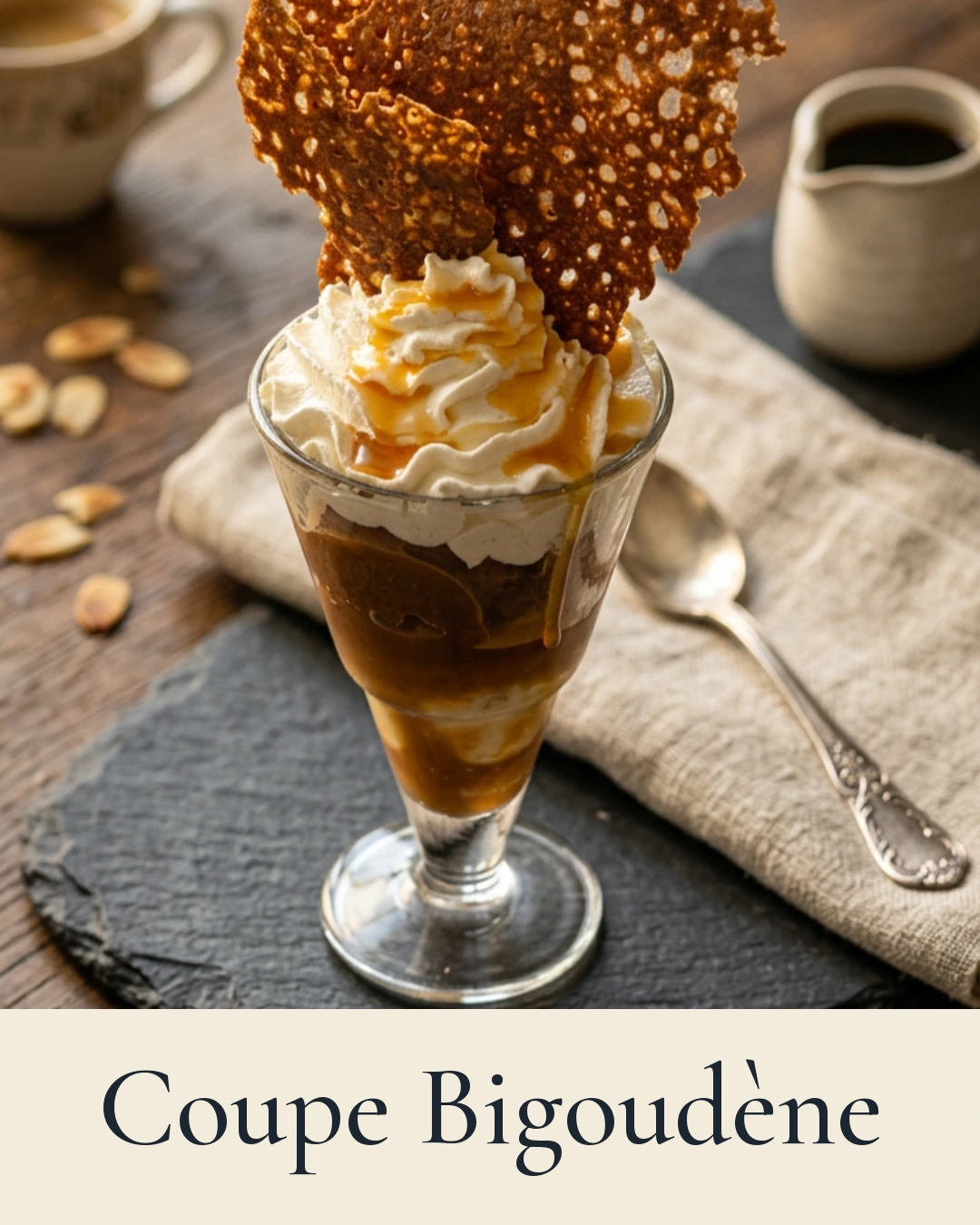 Coupe Bigoudène, vanille, chocolat, sauce caramel, chips de blé noir, crème fouettée