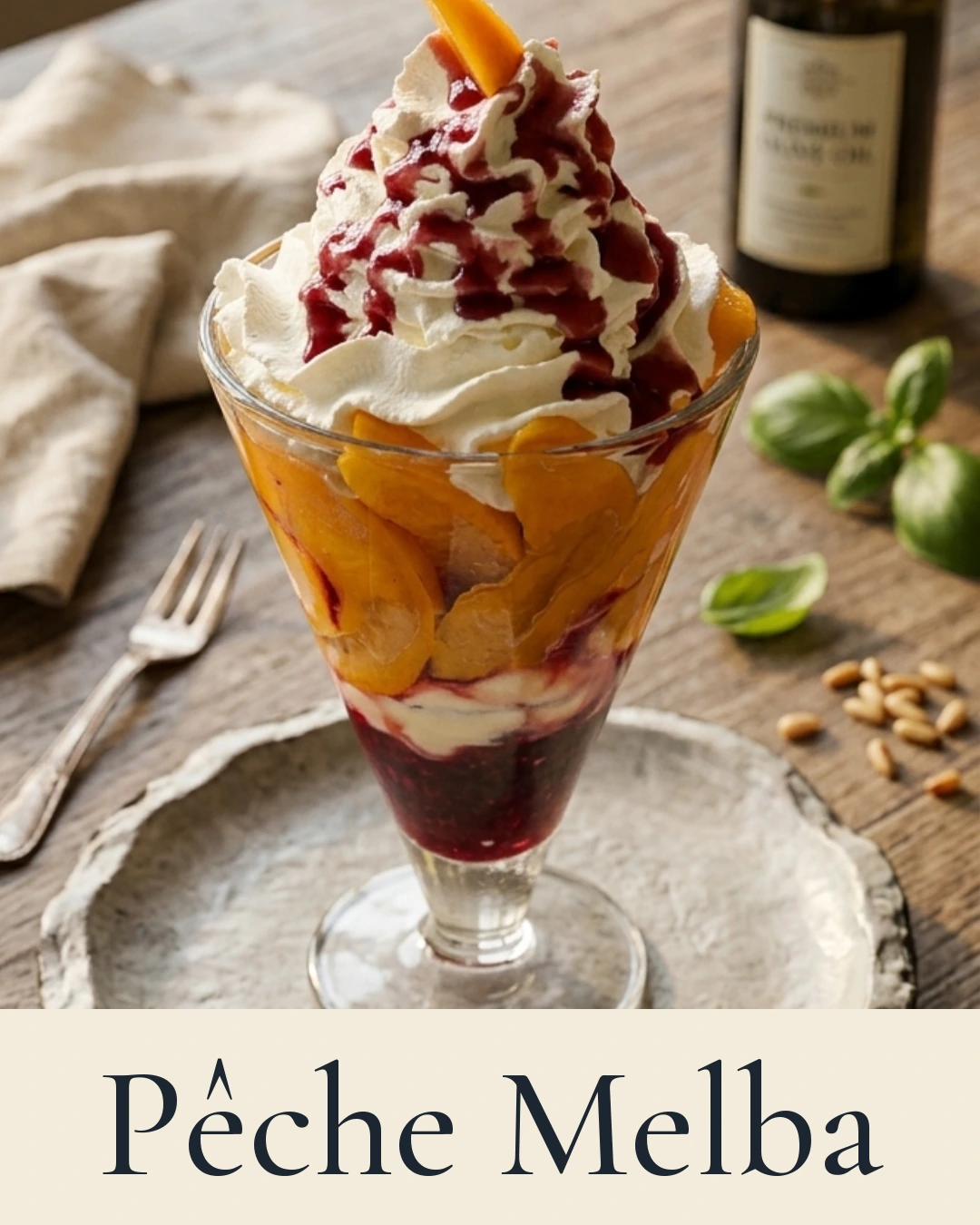 Pêche Melba, vanille, pêches au sirop, sauce fruits rouges, crème fouettée