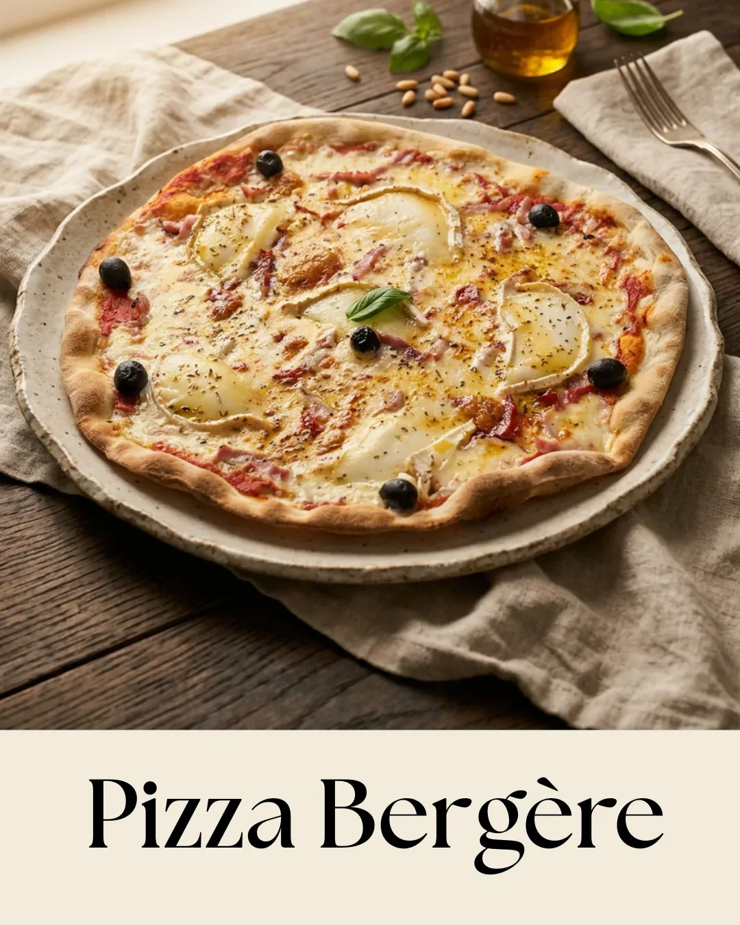 Pizza Bergère, mozzarella, tomate, chèvre, lardons, miel