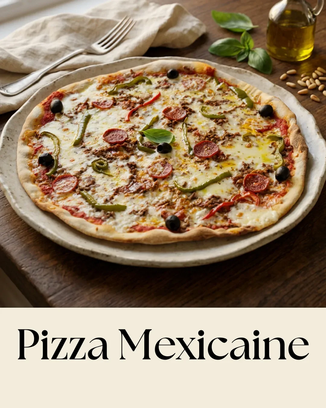 Pizza Mexicaine, mozzarella, tomate, poivrons, viande hachée, chorizo, épices mexicaines