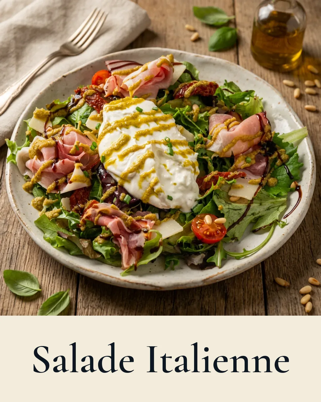 Salade Italienne — burrata, jambon cru, parmesan, pesto