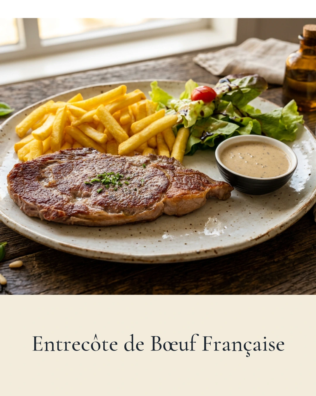 Entrecôte de bœuf française, servie avec frites et salade